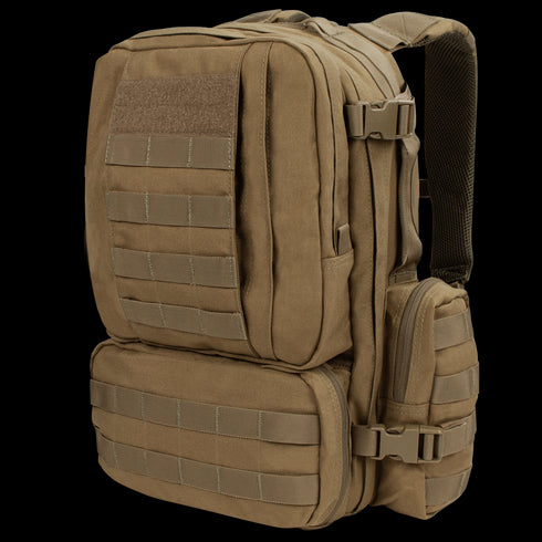 The Condor Convoy Backpack 22L is a tan tactical pack featuring multiple zippered compartments, MOLLE webbing, adjustable and padded shoulder straps—perfect for law enforcement or shooting range use—shown on a white background.